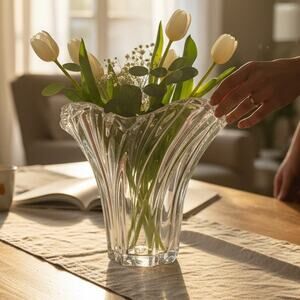 Elegant Wave Form Crystal Vase with Flared Swirl Clear Glass Modern Home Decor